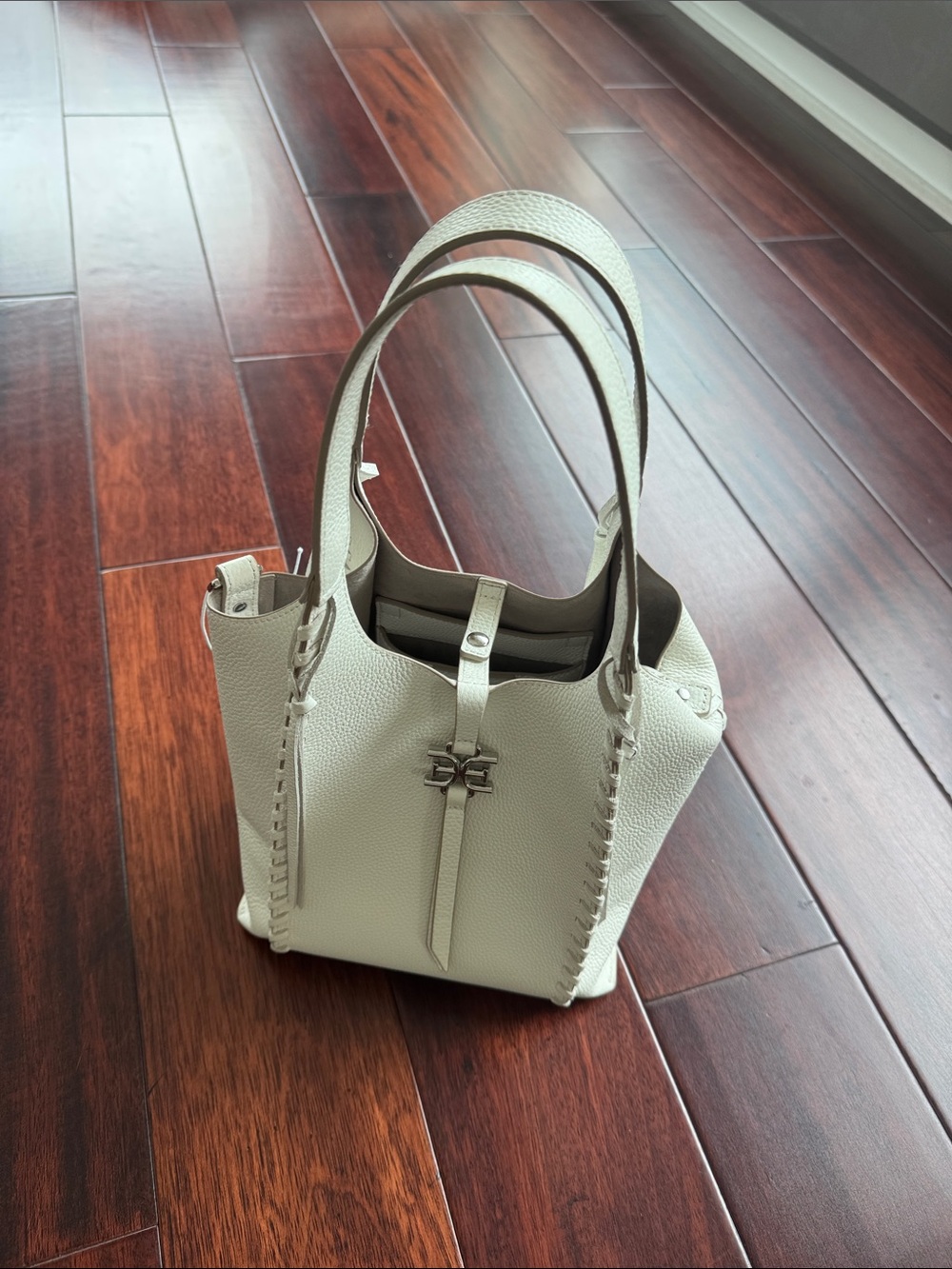 Sam Edelman Cream Pebbled Leather Tote with Whipstitch Detail